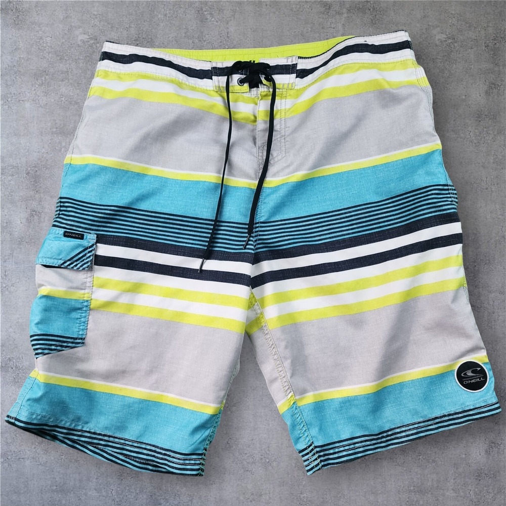 O'Neill Men's Blue Yellow Stripe Board Shorts Size 34 Swim Trunks Beachwear